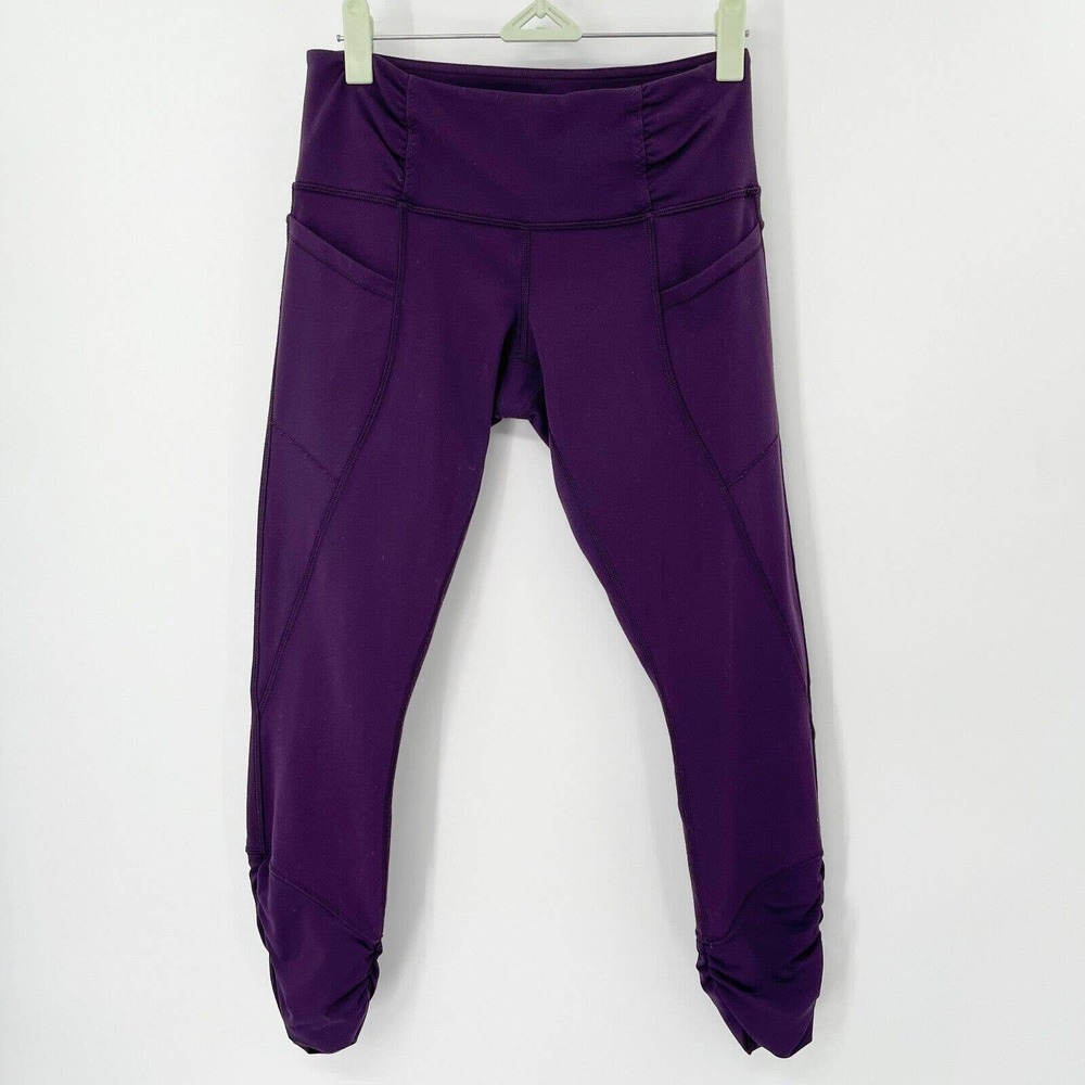 Lululemon Practice Daily Crop Leggings Sz 4 Purple Ruched Stretch Pockets Yoga